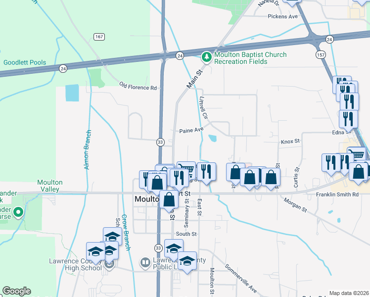 map of restaurants, bars, coffee shops, grocery stores, and more near 1021 Main Street in Moulton