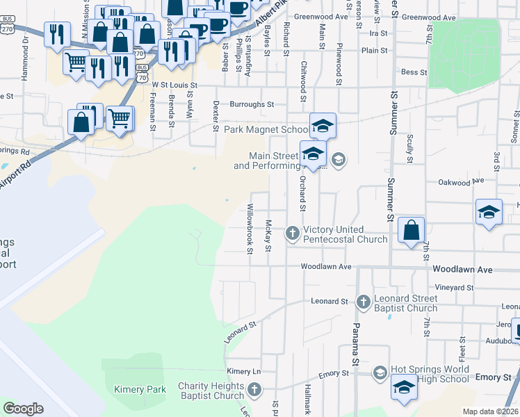 map of restaurants, bars, coffee shops, grocery stores, and more near 102 Mitchell Street in Hot Springs