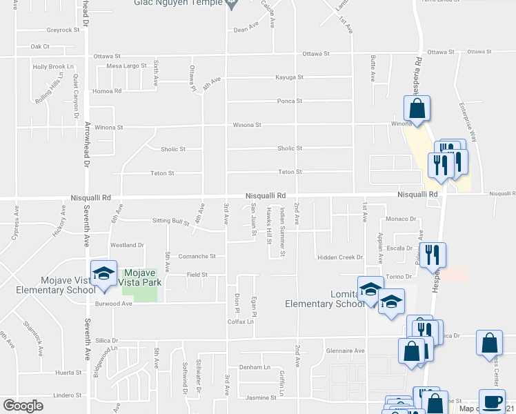 map of restaurants, bars, coffee shops, grocery stores, and more near 12869 San Juan Street in Victorville