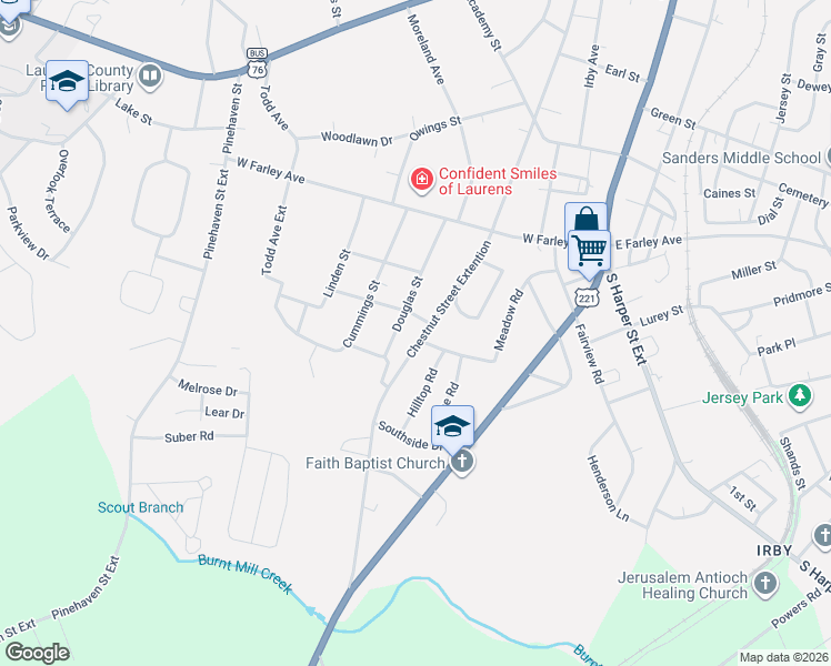 map of restaurants, bars, coffee shops, grocery stores, and more near 1104 Chestnut Street Extention in Laurens