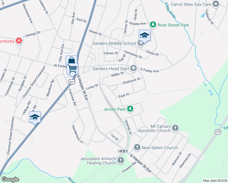 map of restaurants, bars, coffee shops, grocery stores, and more near 205 Lurey Street in Laurens