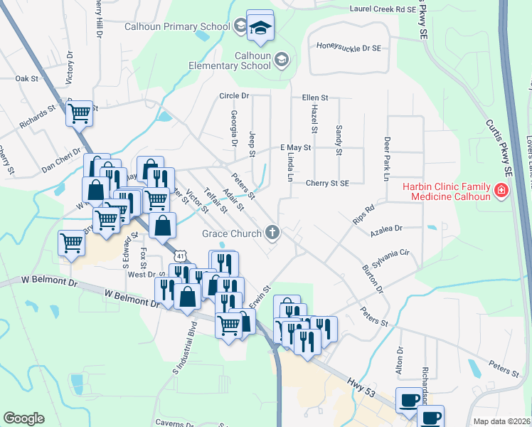 map of restaurants, bars, coffee shops, grocery stores, and more near 416 Peters Street in Calhoun