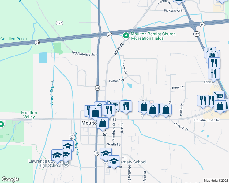 map of restaurants, bars, coffee shops, grocery stores, and more near 1088 Seminary Street in Moulton