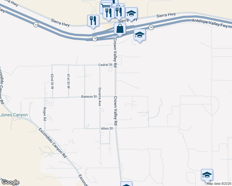 map of restaurants, bars, coffee shops, grocery stores, and more near 33025 Crown Valley Road in Acton
