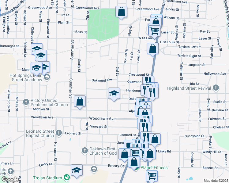 map of restaurants, bars, coffee shops, grocery stores, and more near 305 Henderson Street in Hot Springs