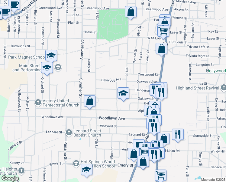 map of restaurants, bars, coffee shops, grocery stores, and more near 405 Henderson Street in Hot Springs