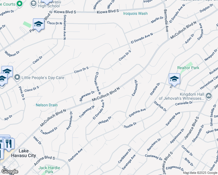 map of restaurants, bars, coffee shops, grocery stores, and more near 2820 Bluewater Drive in Lake Havasu City