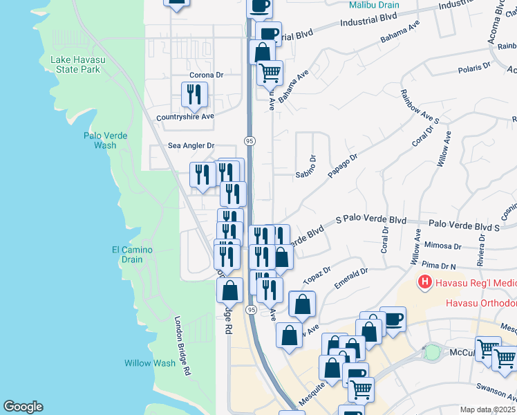 map of restaurants, bars, coffee shops, grocery stores, and more near 373 North Lake Havasu Avenue in Lake Havasu City