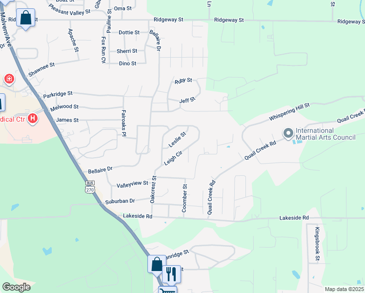 map of restaurants, bars, coffee shops, grocery stores, and more near 115 Leigh Circle in Hot Springs