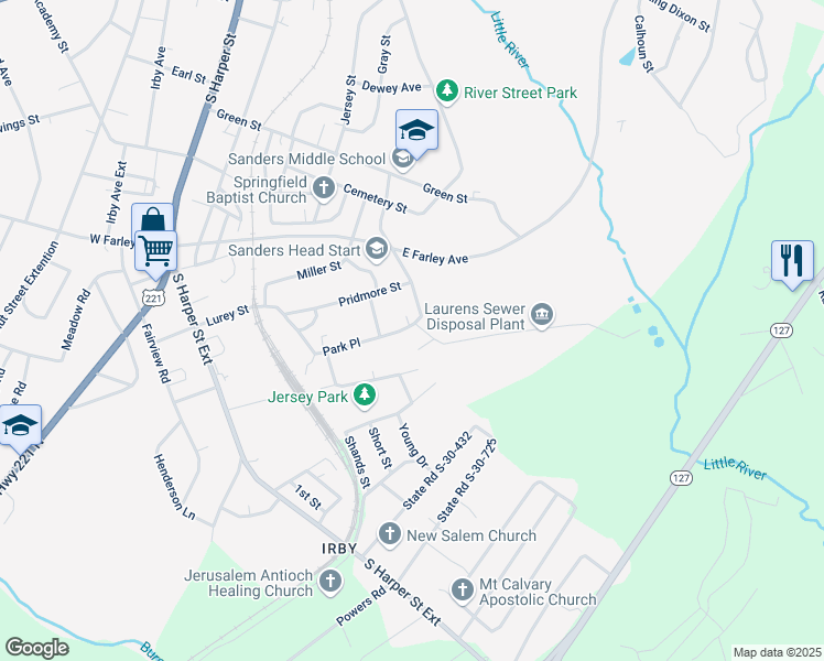 map of restaurants, bars, coffee shops, grocery stores, and more near 210 Park Place in Laurens