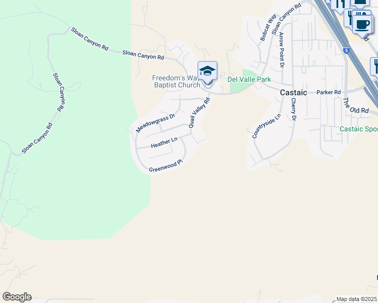 map of restaurants, bars, coffee shops, grocery stores, and more near 28634 Greenwood Place in Castaic