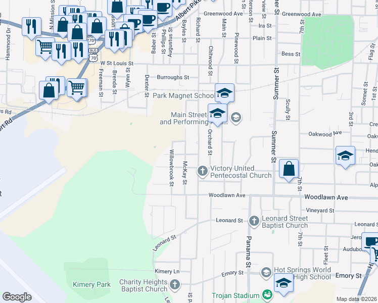map of restaurants, bars, coffee shops, grocery stores, and more near 102 Mitchell Street in Hot Springs