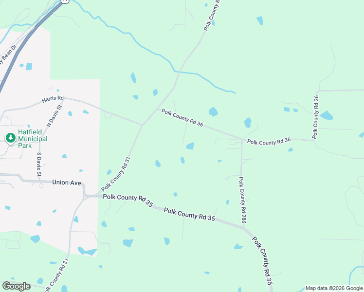 map of restaurants, bars, coffee shops, grocery stores, and more near 132 Polk County Road 36 in Hatfield
