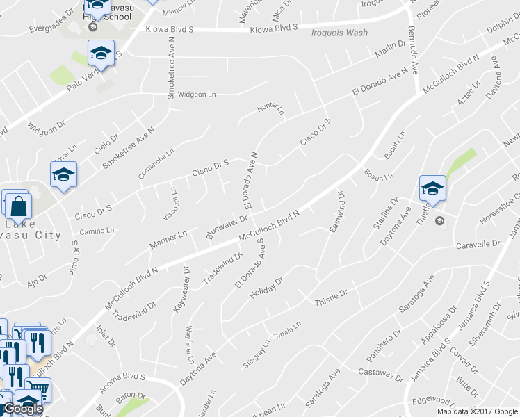 map of restaurants, bars, coffee shops, grocery stores, and more near 2757 Albatross Lane in Lake Havasu City