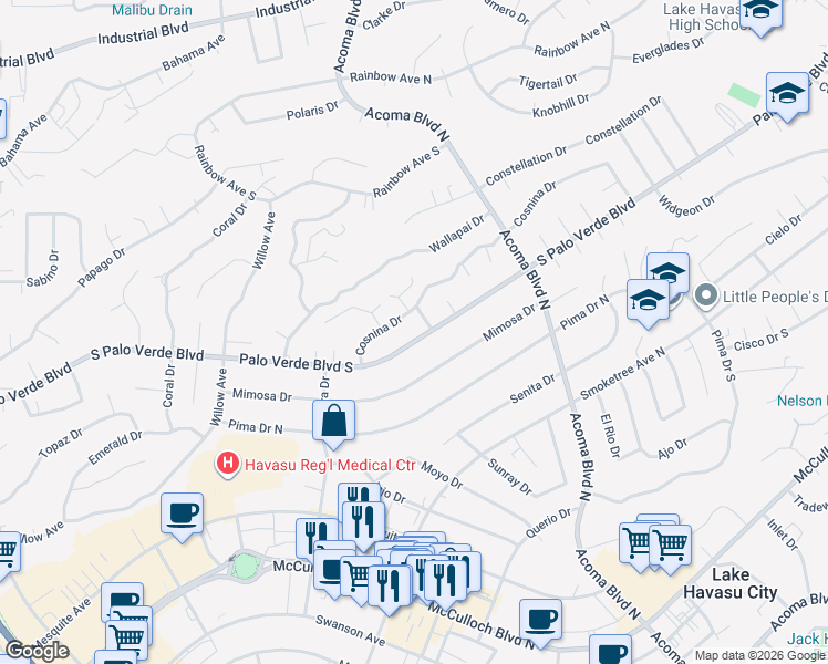 map of restaurants, bars, coffee shops, grocery stores, and more near 2105 Palo Verde Boulevard South in Lake Havasu City