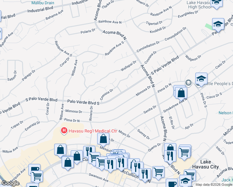 map of restaurants, bars, coffee shops, grocery stores, and more near 2105 Palo Verde Blvd S in Lake Havasu City