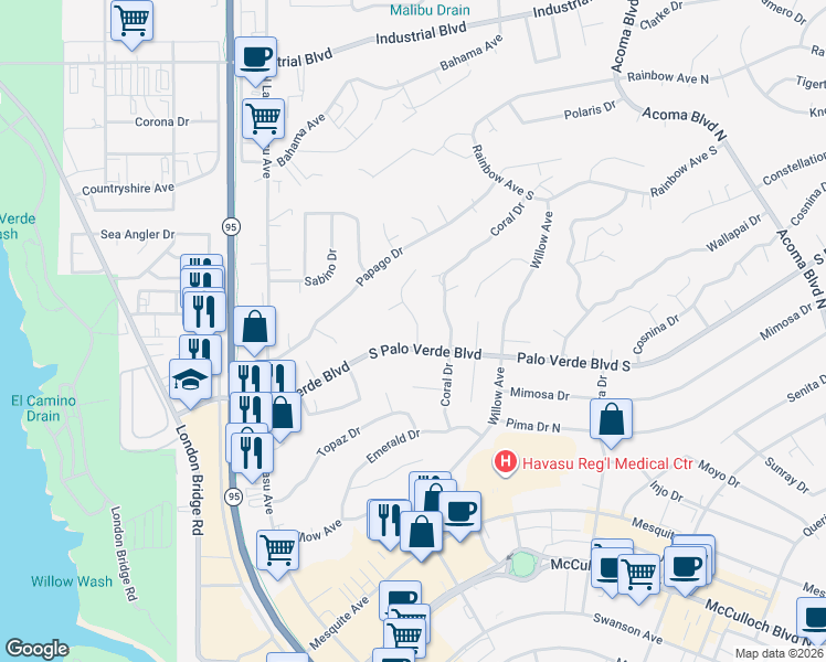 map of restaurants, bars, coffee shops, grocery stores, and more near 275 Pascaul Drive in Lake Havasu City