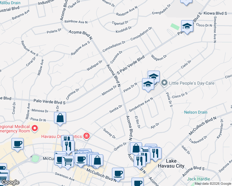 map of restaurants, bars, coffee shops, grocery stores, and more near 2191 Pima Drive North in Lake Havasu City