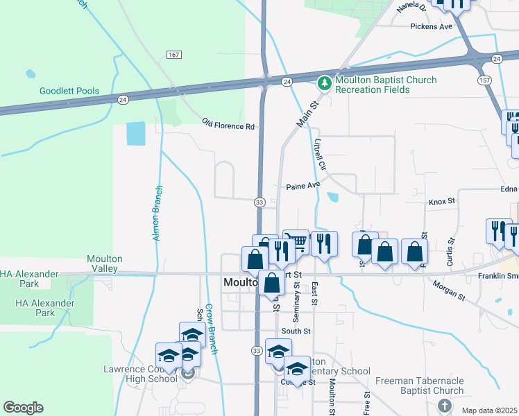 map of restaurants, bars, coffee shops, grocery stores, and more near Market Street in Moulton
