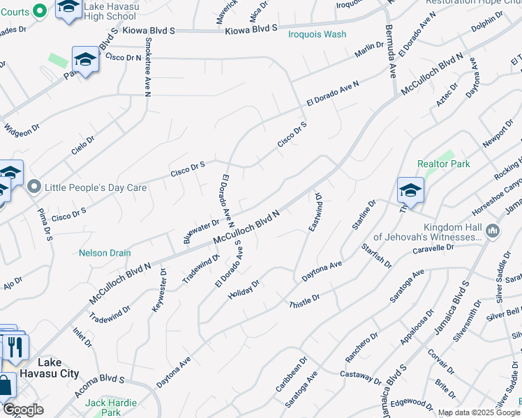 map of restaurants, bars, coffee shops, grocery stores, and more near 2820 Bluewater Drive in Lake Havasu City