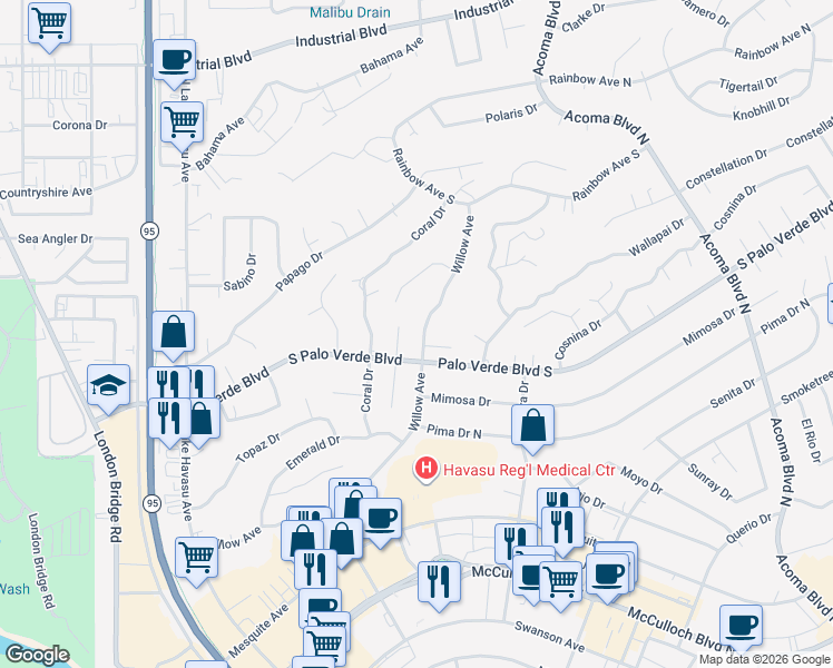 map of restaurants, bars, coffee shops, grocery stores, and more near 1883 Willow Ave in Lake Havasu City