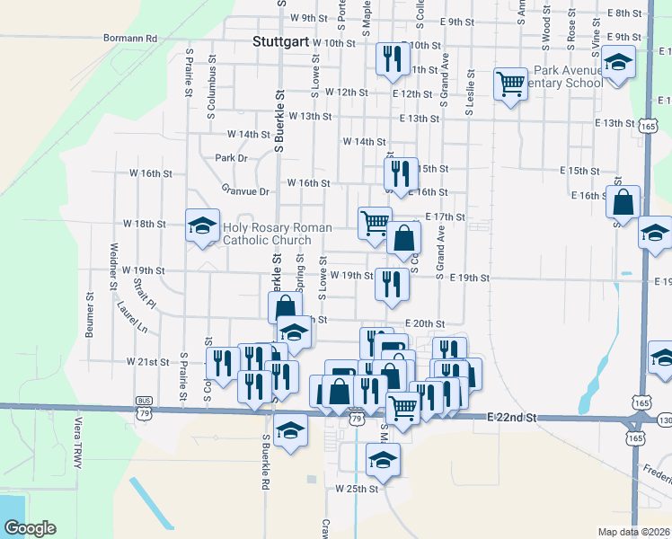 map of restaurants, bars, coffee shops, grocery stores, and more near 216 West 19th Street in Stuttgart