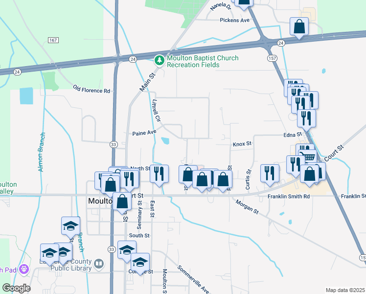 map of restaurants, bars, coffee shops, grocery stores, and more near 345 Hospital Street in Moulton