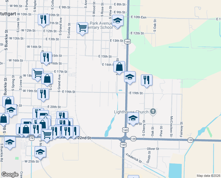 map of restaurants, bars, coffee shops, grocery stores, and more near 1816 South Vine Street in Stuttgart