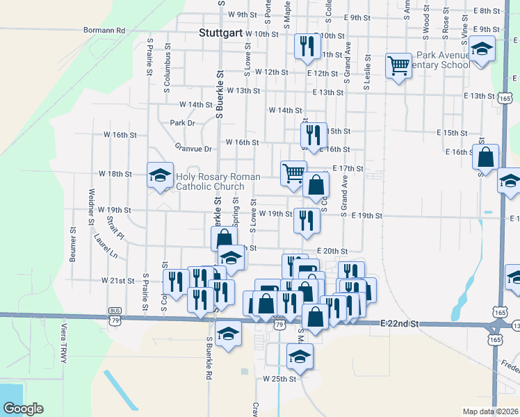 map of restaurants, bars, coffee shops, grocery stores, and more near 216 West 19th Street in Stuttgart