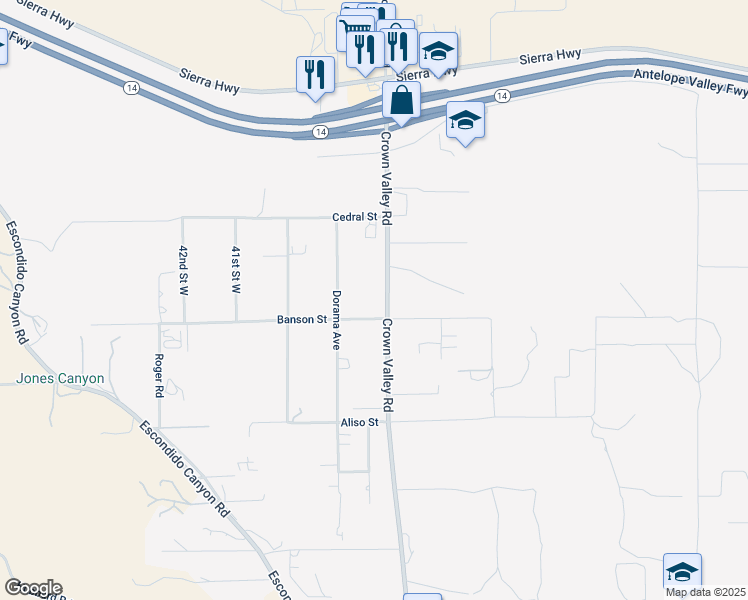 map of restaurants, bars, coffee shops, grocery stores, and more near 33025 Crown Valley Road in Acton
