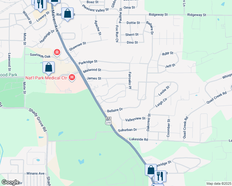 map of restaurants, bars, coffee shops, grocery stores, and more near 1925 Malvern Avenue in Hot Springs