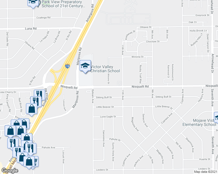 map of restaurants, bars, coffee shops, grocery stores, and more near 15405 Nisqualli Road in Victorville