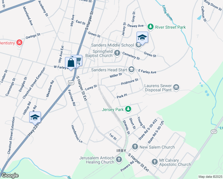 map of restaurants, bars, coffee shops, grocery stores, and more near 205 Lurey Street in Laurens
