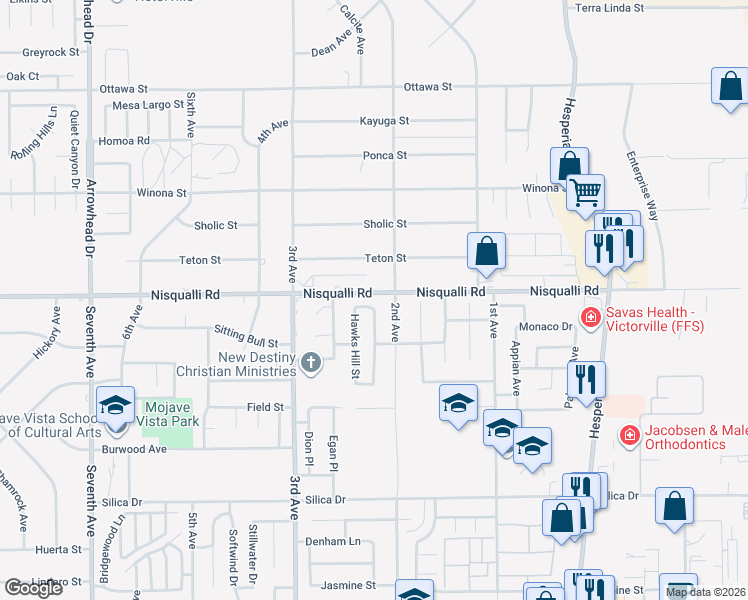 map of restaurants, bars, coffee shops, grocery stores, and more near 16664 Hawks Hill Street in Victorville