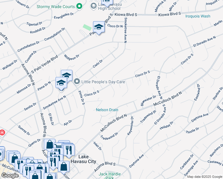map of restaurants, bars, coffee shops, grocery stores, and more near 135 Nelson Lane in Lake Havasu City