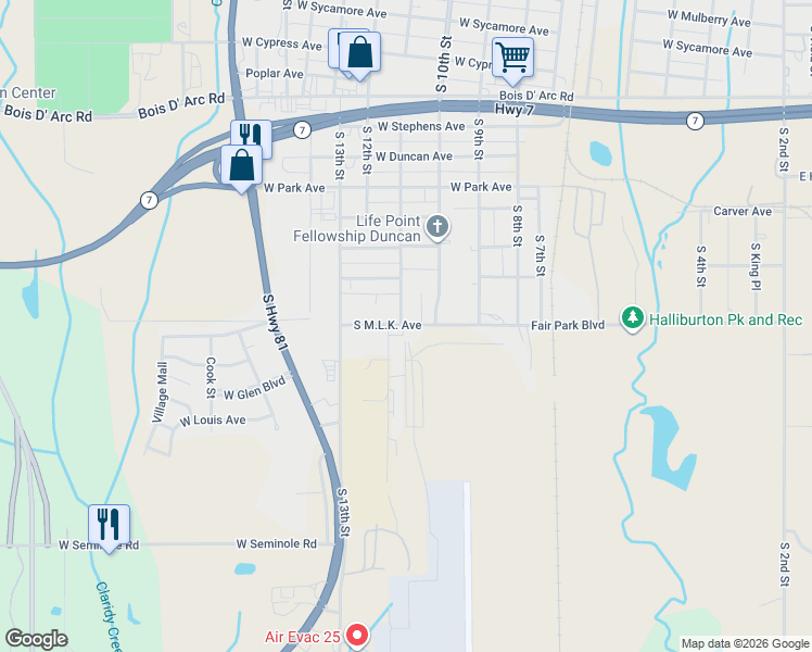 map of restaurants, bars, coffee shops, grocery stores, and more near 1110 Martin Luther King Junior Avenue in Duncan