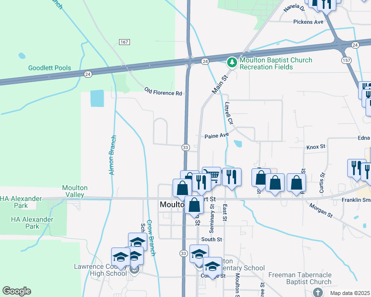map of restaurants, bars, coffee shops, grocery stores, and more near Market Street in Moulton
