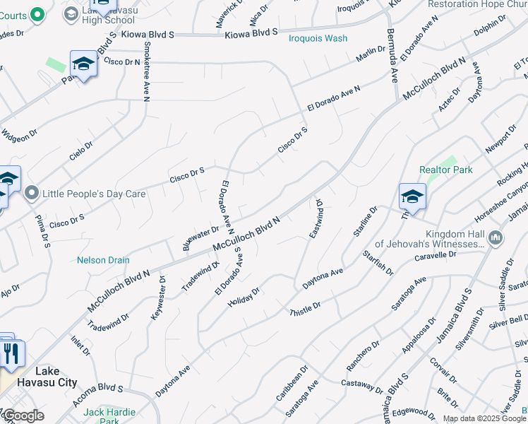 map of restaurants, bars, coffee shops, grocery stores, and more near 2820 Bluewater Drive in Lake Havasu City