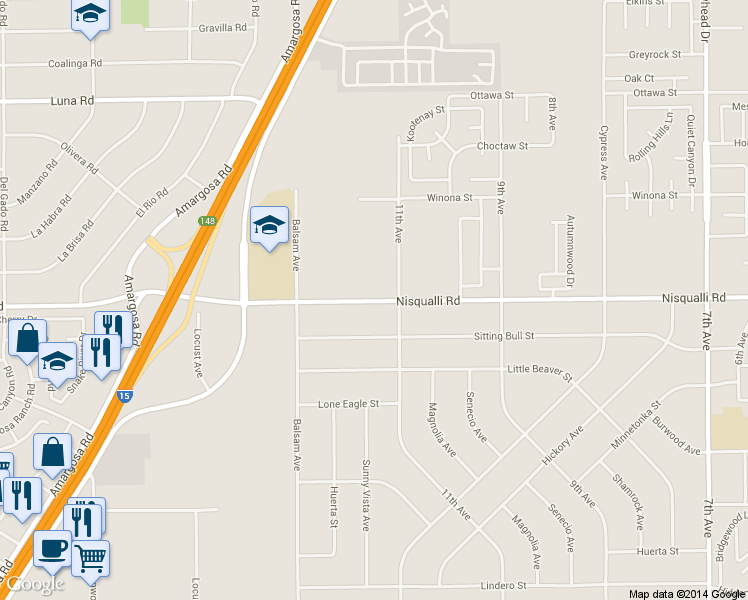map of restaurants, bars, coffee shops, grocery stores, and more near 15425 Nisqualli Road in Victorville