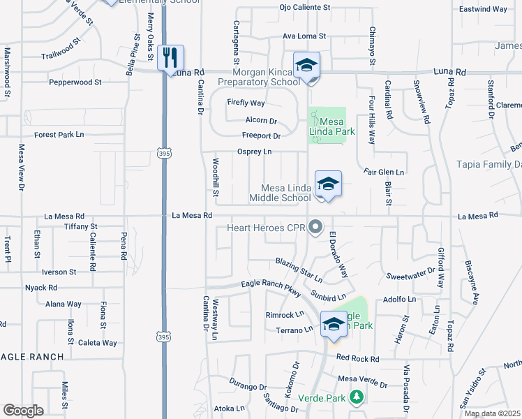 map of restaurants, bars, coffee shops, grocery stores, and more near 12373 Albatross Street in Victorville