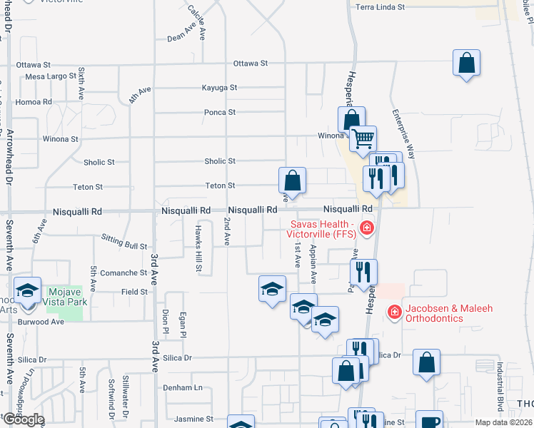 map of restaurants, bars, coffee shops, grocery stores, and more near 12883 Sierra Creek Road in Victorville