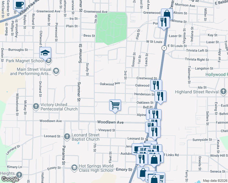 map of restaurants, bars, coffee shops, grocery stores, and more near 405 Henderson Street in Hot Springs