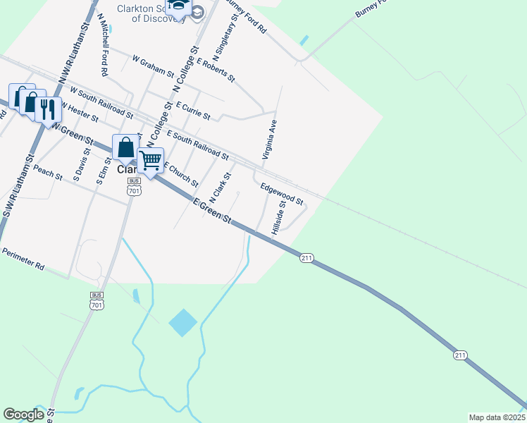 map of restaurants, bars, coffee shops, grocery stores, and more near North Elmhurst Street in Clarkton