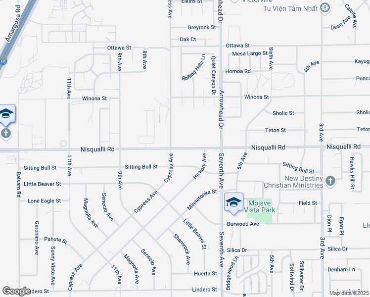 map of restaurants, bars, coffee shops, grocery stores, and more near 15960 Nisqualli Road in Victorville