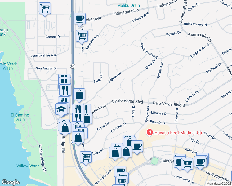 map of restaurants, bars, coffee shops, grocery stores, and more near 299 Kaibab Lane in Lake Havasu City