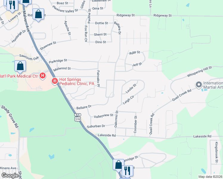 map of restaurants, bars, coffee shops, grocery stores, and more near 305 Bellaire Drive in Hot Springs