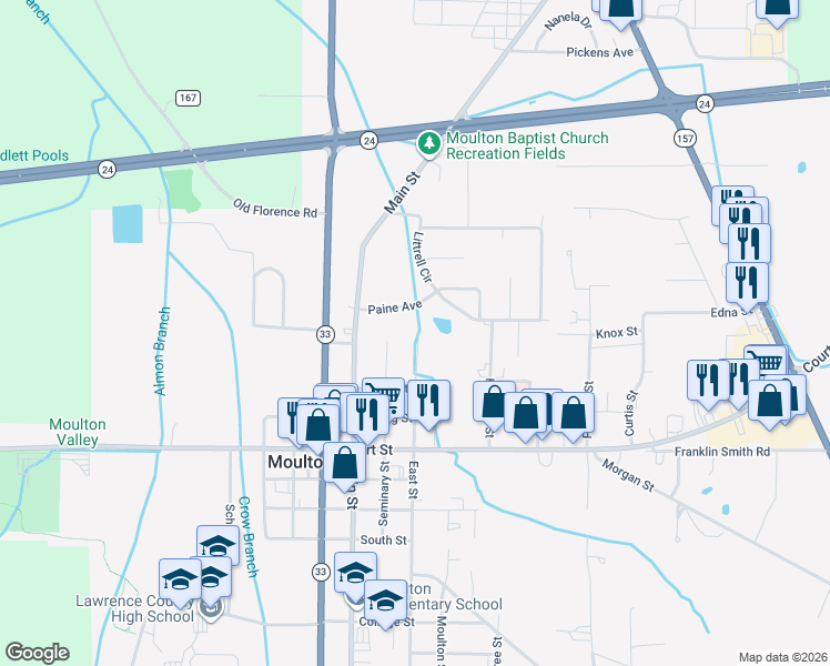 map of restaurants, bars, coffee shops, grocery stores, and more near 1088 Seminary Street in Moulton