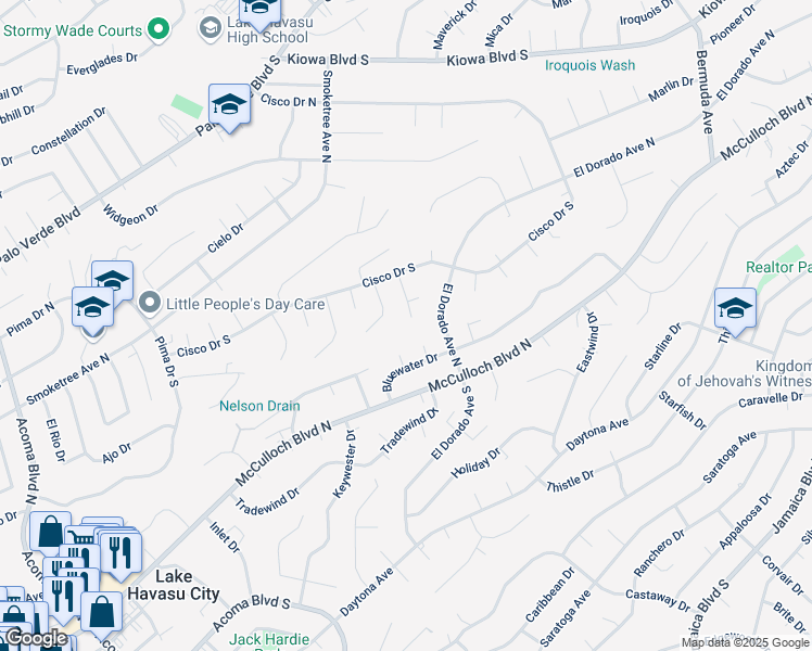 map of restaurants, bars, coffee shops, grocery stores, and more near 95 Lafayette Lane in Lake Havasu City