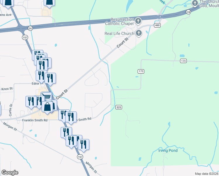 map of restaurants, bars, coffee shops, grocery stores, and more near 153 South Pointe in Moulton