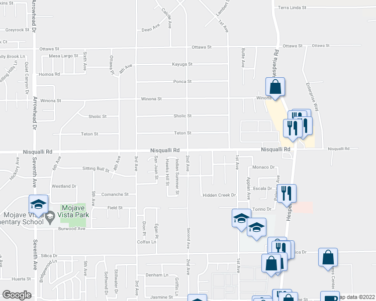 map of restaurants, bars, coffee shops, grocery stores, and more near 12884 2nd Avenue in Victorville